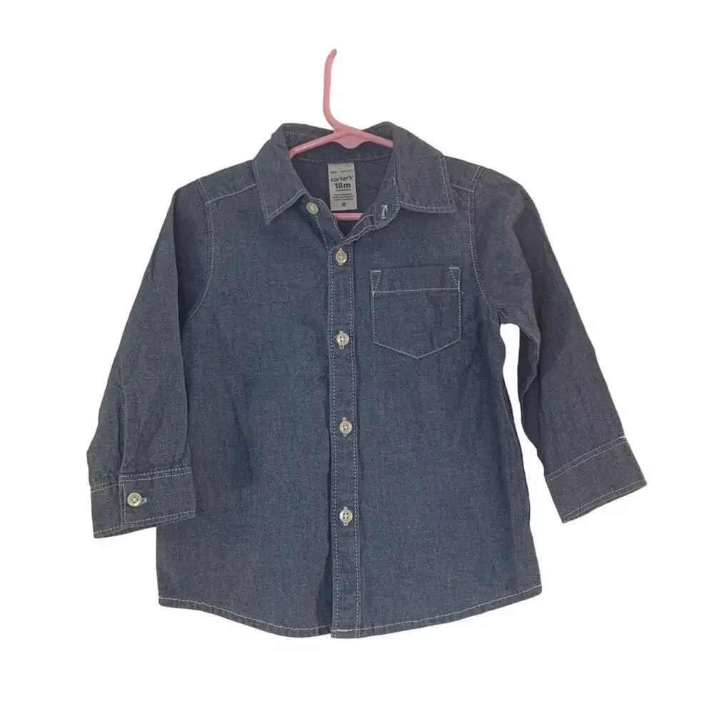 CARTER'S Boy’s Light Weight Denim Long Sleeve Button Down Shirt /Size: 18 MO